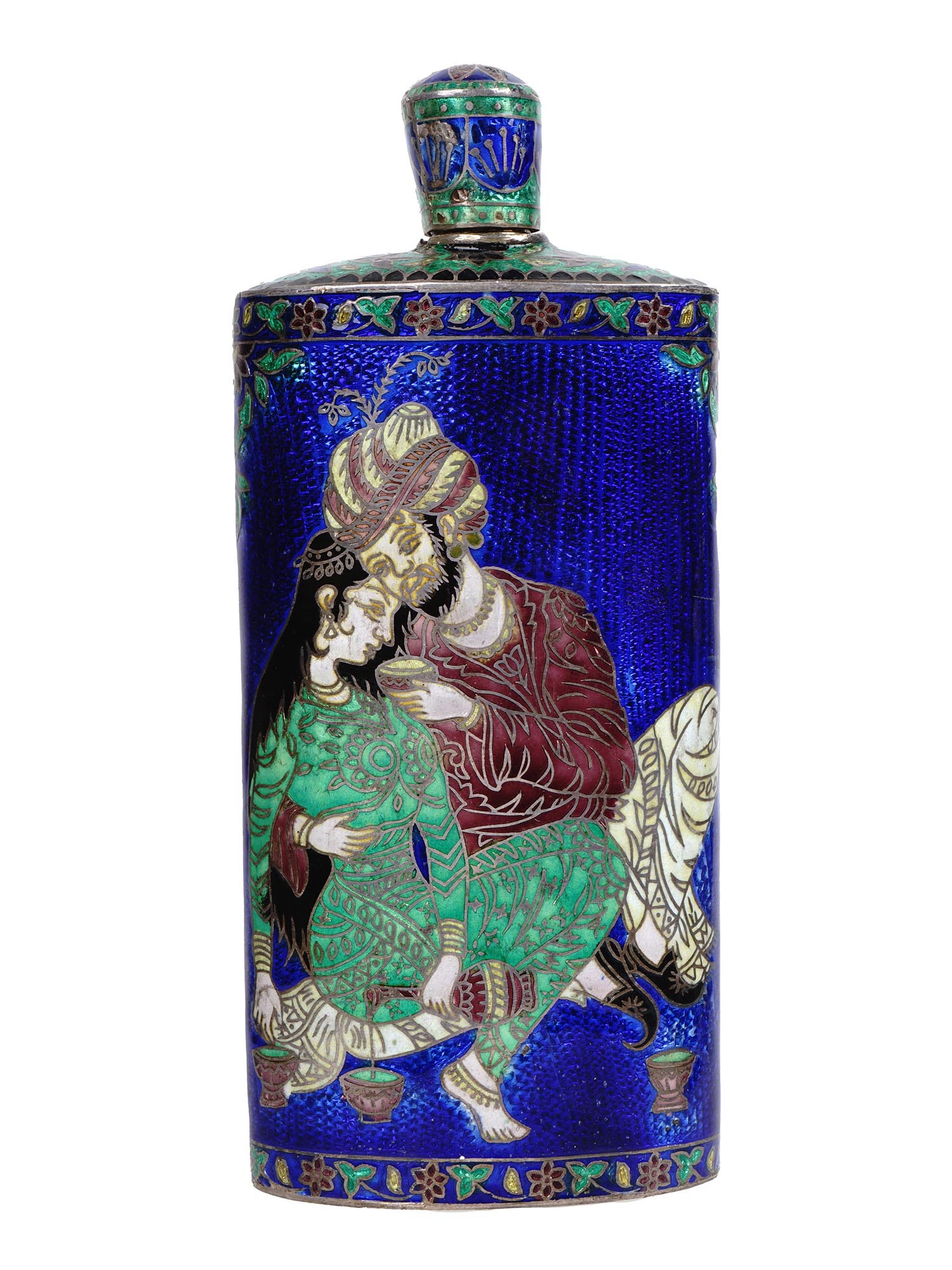 INDIAN SILVER AND ENAMEL FLASK W COURTING SCENE PIC-1